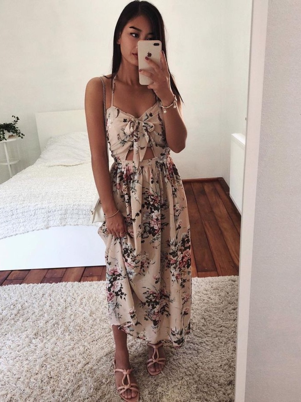 Hello Molly Beige Floral Tie-Front Spaghetti Strap Midi Dress
